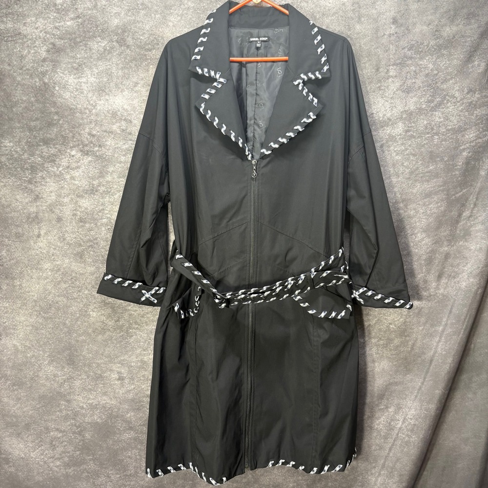 Samuel Dong Trench Coat Women's XL Black Gingham Ribbon Wrap Trim Belted